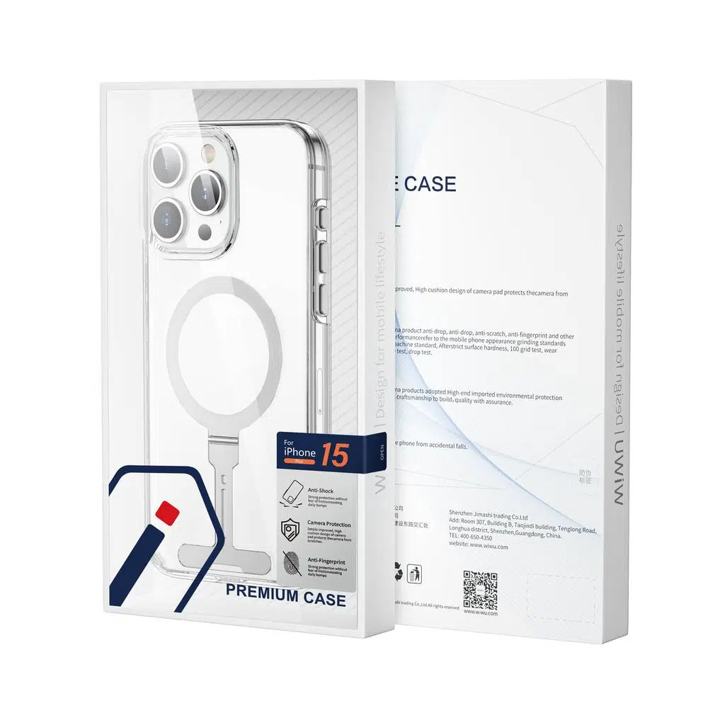 Apple iPhone 15 Pro Kılıf Wiwu FYY-014 M-safe Şarj Özellikli Alüminyum Alaşım Metal Standlı Şeffaf Kapak