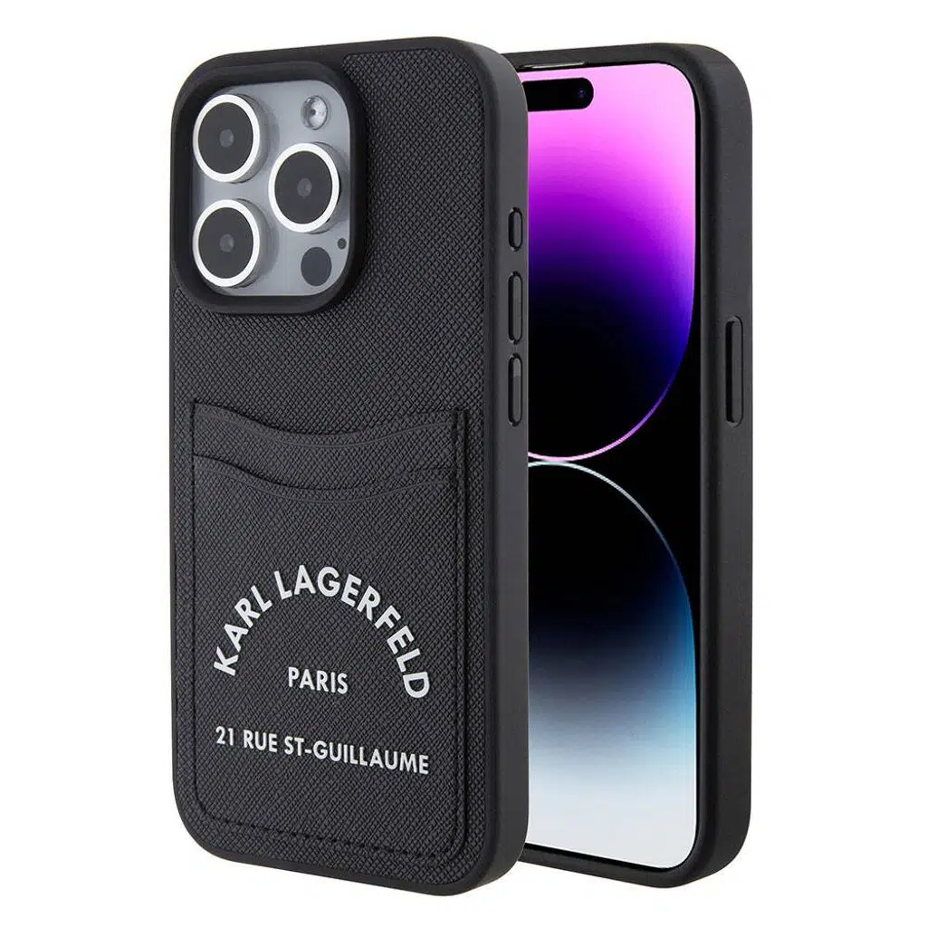 Apple iPhone 15 Pro Max Kılıf Karl Lagerfeld Kartlıklı Saffiano 3D RSG Logo Orjinal Lisanslı Kapak