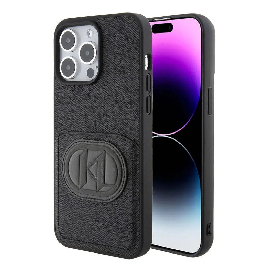 Apple iPhone 15 Pro Max Kılıf Karl Lagerfeld Kartlıklı Saffiano K&L Patch Orjinal Lisanslı Kapak
