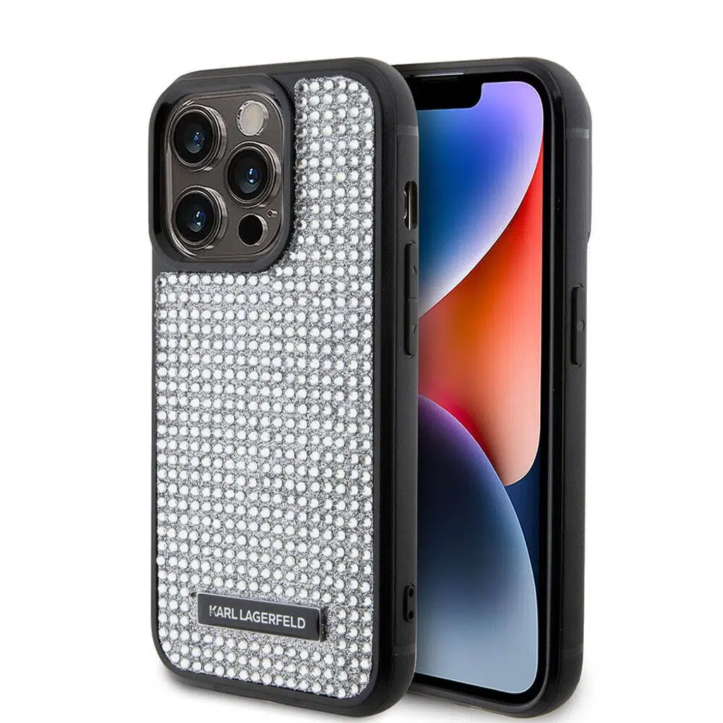 Apple iPhone 15 Pro Max Kılıf Karl Lagerfeld Taşlı Metal Logo Orjinal Lisanslı Kapak