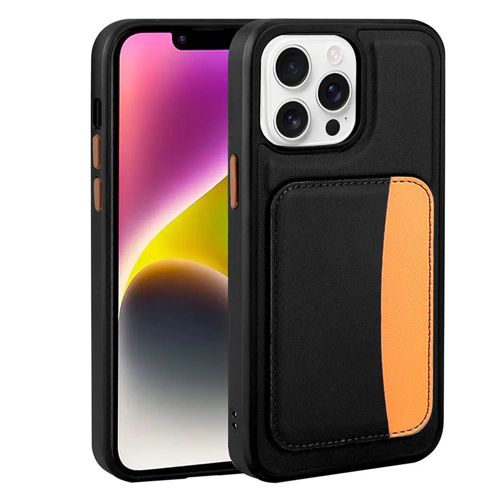 iPhone 16 Pro ile Uyumlu Kılıf Kartlıklı X-Kart Yumuşak Silikon Kapak Lacivert Turuncu Renkler