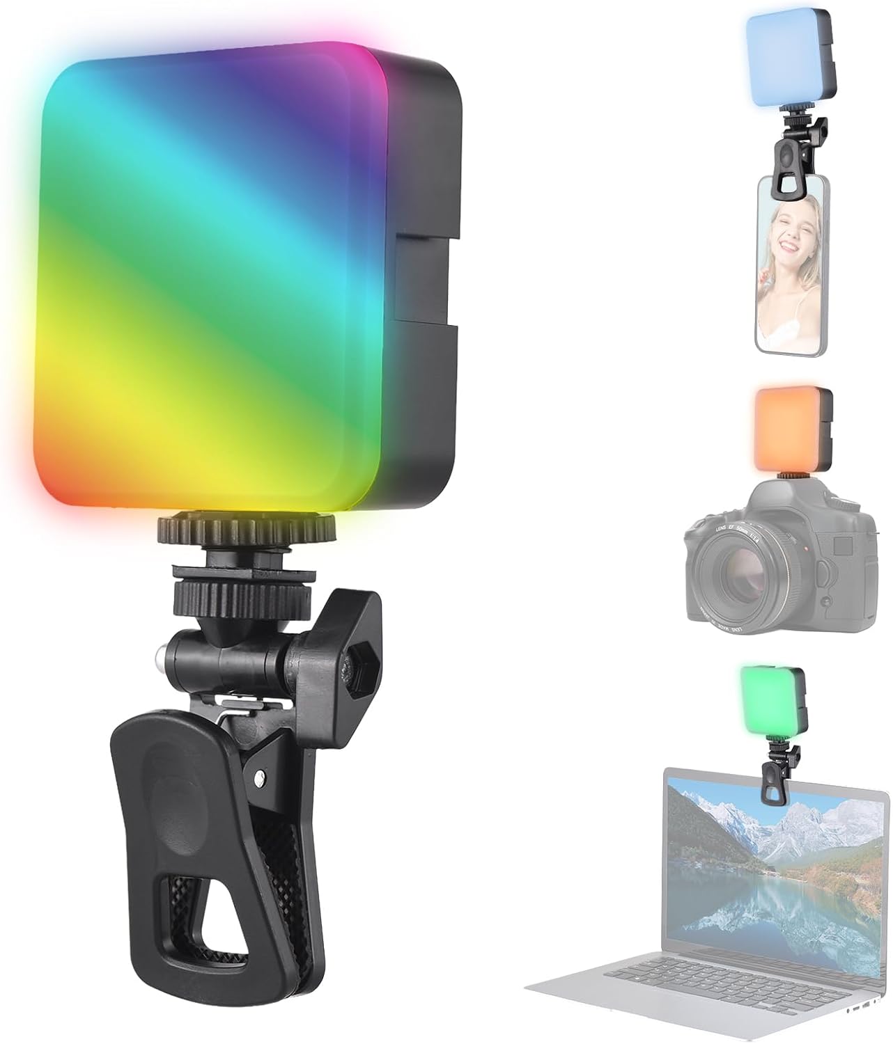 GZ49S RGB Selfie Video Işığı, 72 Led, 3000K - 7000K, Bilgisayar, Ttablet, Akıllı telefon, DSLR kamera için 3 flaş ayağı tutucu, entegre 500 mAh pil, ekran klipsli