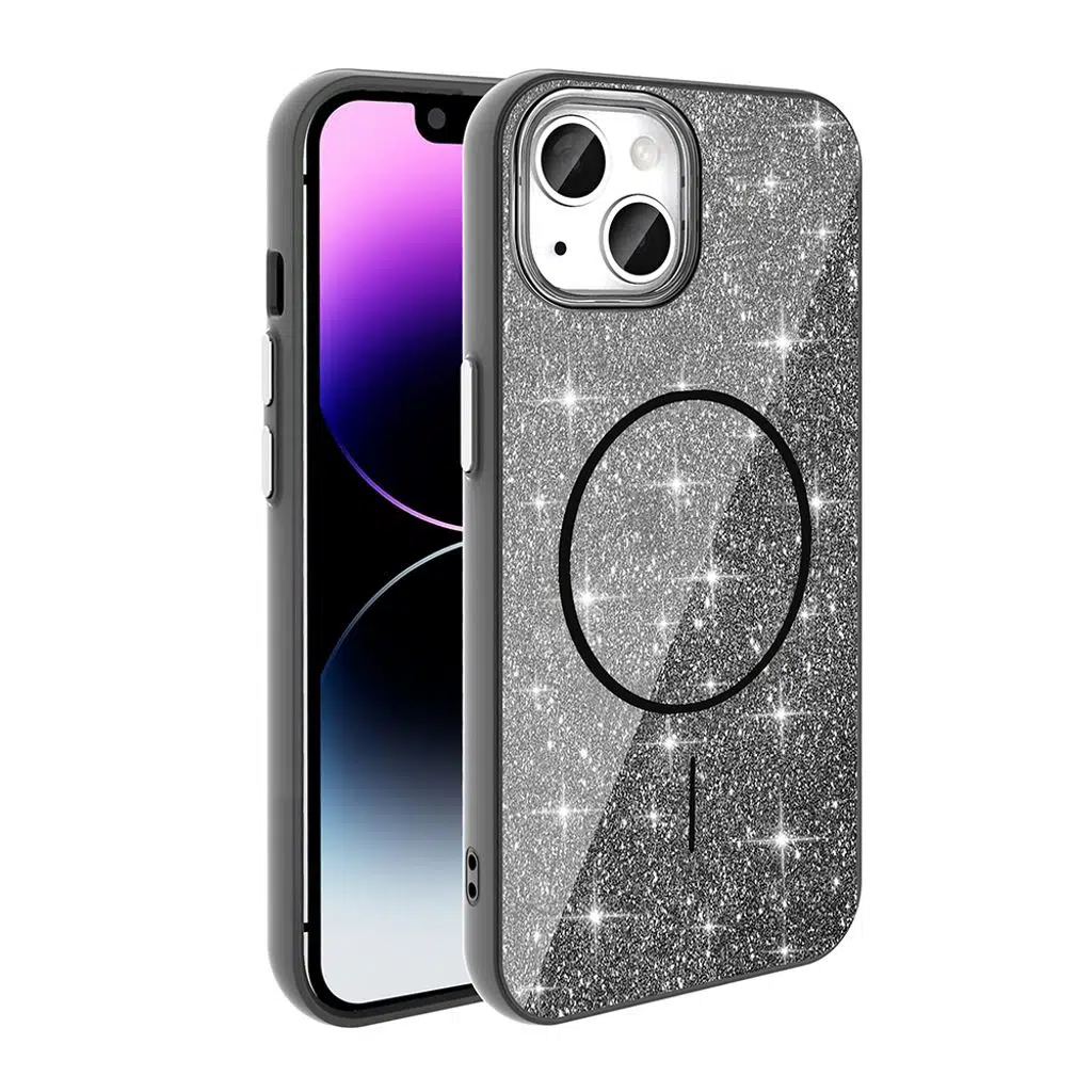 iPhone 13 Kılıf M-safe Şarj Özellikli Parlayan Simli Okso Kapak