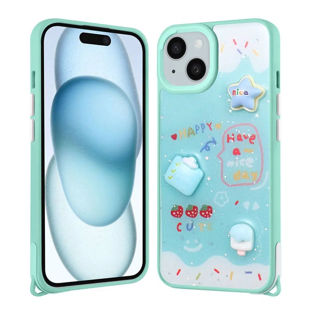 iPhone 14 Kılıf Parlayan Simli Kabartma Figürlü Cevze Kapak