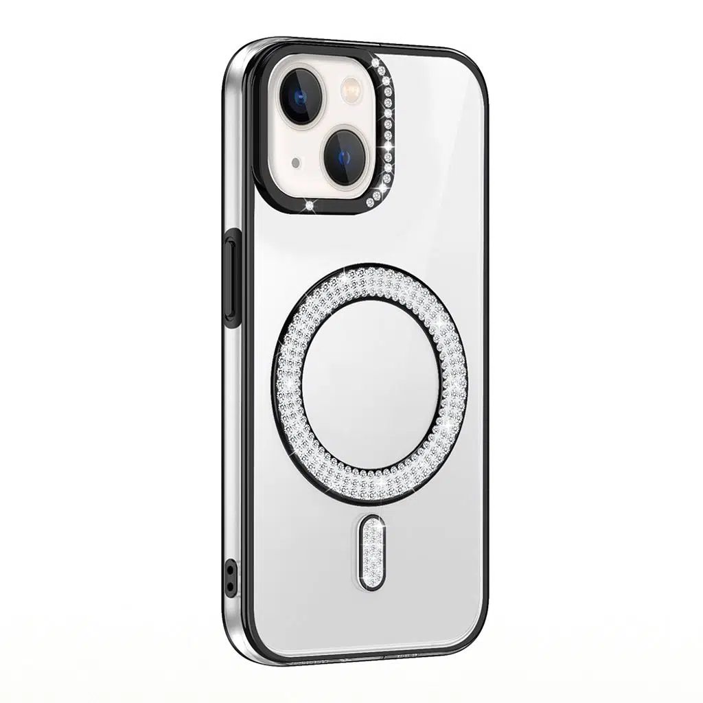 iPhone 14 Kılıf Pırlanta Taş Tasarımlı M-safe Şarj Özellikli Karetta Silikon Kapak