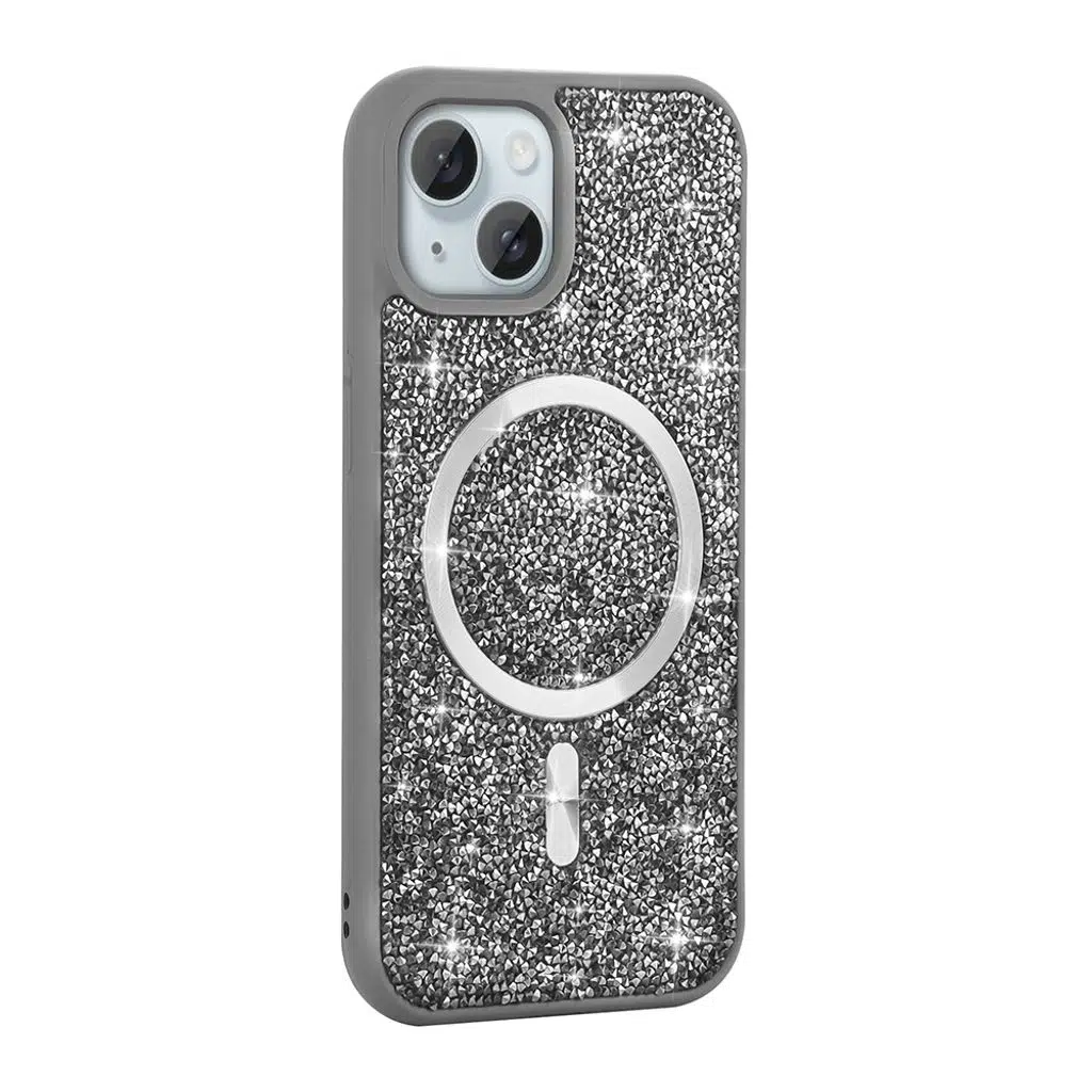 iPhone 14 Kılıf Pırlanta Tasarımlı M-safe Şarj Özellikli Mozaik Silikon Kapak