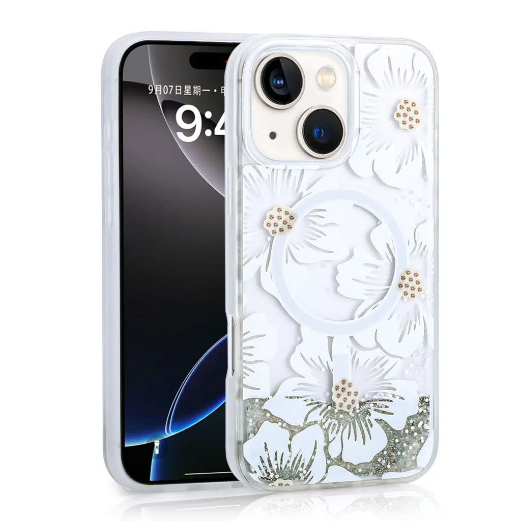 iPhone 14 Kılıf Sıvılı Simli Baskılı Şeffaf Arka Yüzey Mossa Silikon Kapak