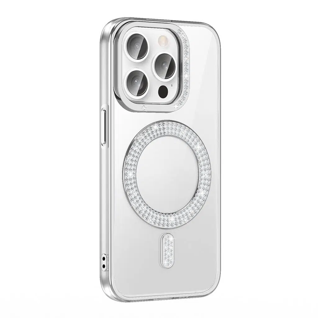 iPhone 14 Pro Max Kılıf Pırlanta Taş Tasarımlı M-safe Şarj Özellikli Karetta Silikon Kapak