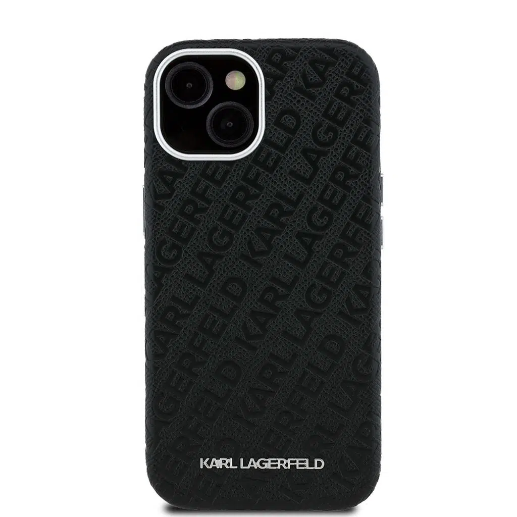 PU Deri Damgalı Metal Yazı iPhone 15 Logotype Kılıf