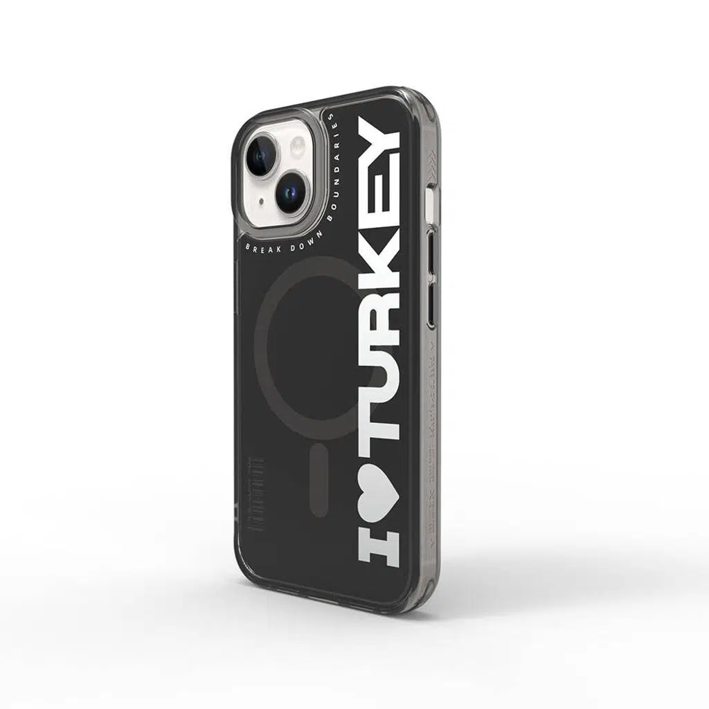 iPhone 15 Kılıf M-safe Şarj Özellikli I Love Turkey Yazı Desenli Lopard Turkey E Serisi Kapak