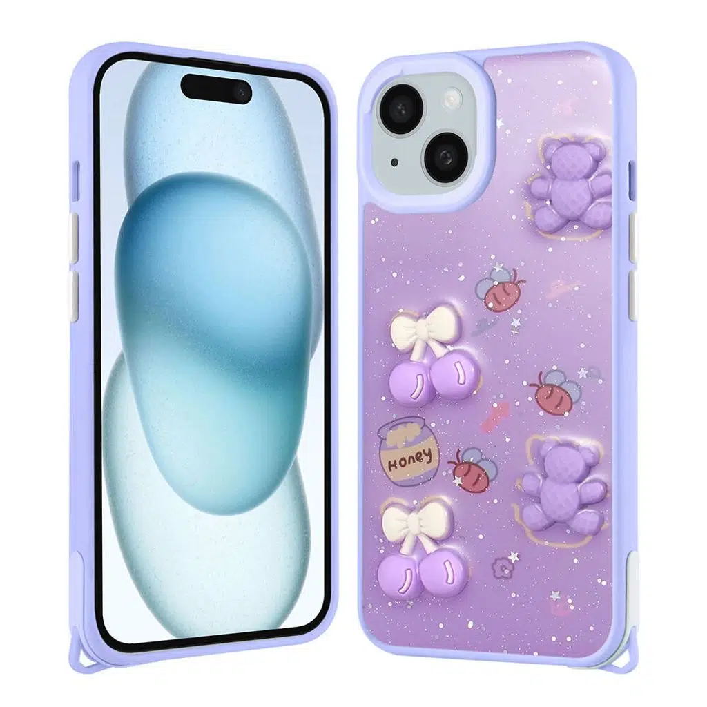 iPhone 15 Kılıf Parlayan Simli Kabartma Figürlü Cevze Kapak