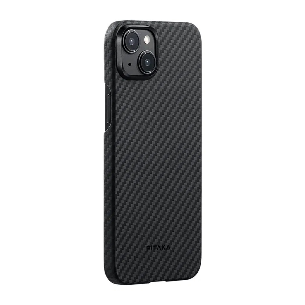 iPhone 15 Plus Kılıf M-safe Şarj Özellikli 1500D Aramid Fiber Pitaka Ultra-Slim Classic Serisi Black-Grey Twill Kapak