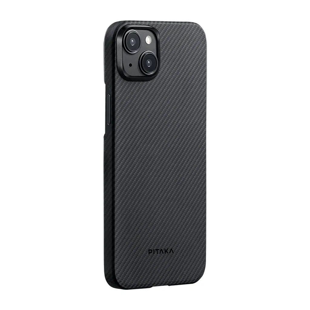iPhone 15 Plus Kılıf M-safe Şarj Özellikli 600D Aramid Fiber Pitaka Ultra-Slim Classic Serisi Black-Grey Twill Kapak