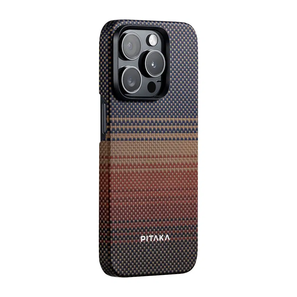 iPhone 15 Pro Kılıf M-safe Şarj Özellikli Aramid Fiber Pitaka Tactile Woven Sunset-Moonrise Serisi Sunset Kapak