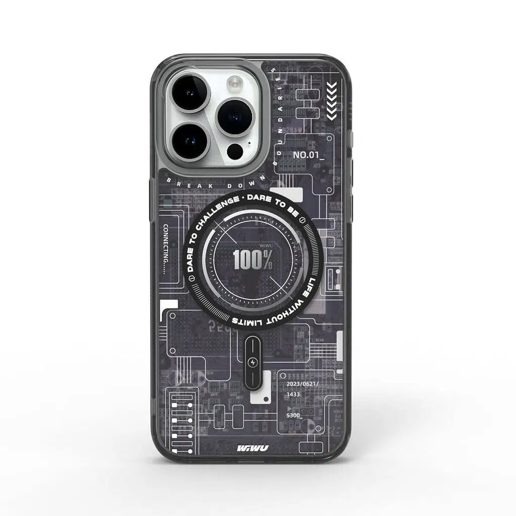 iPhone 15 Pro Kılıf M-safe Şarj Özellikli Desenli Lopard Mecha Circuit H Serisi Kapak