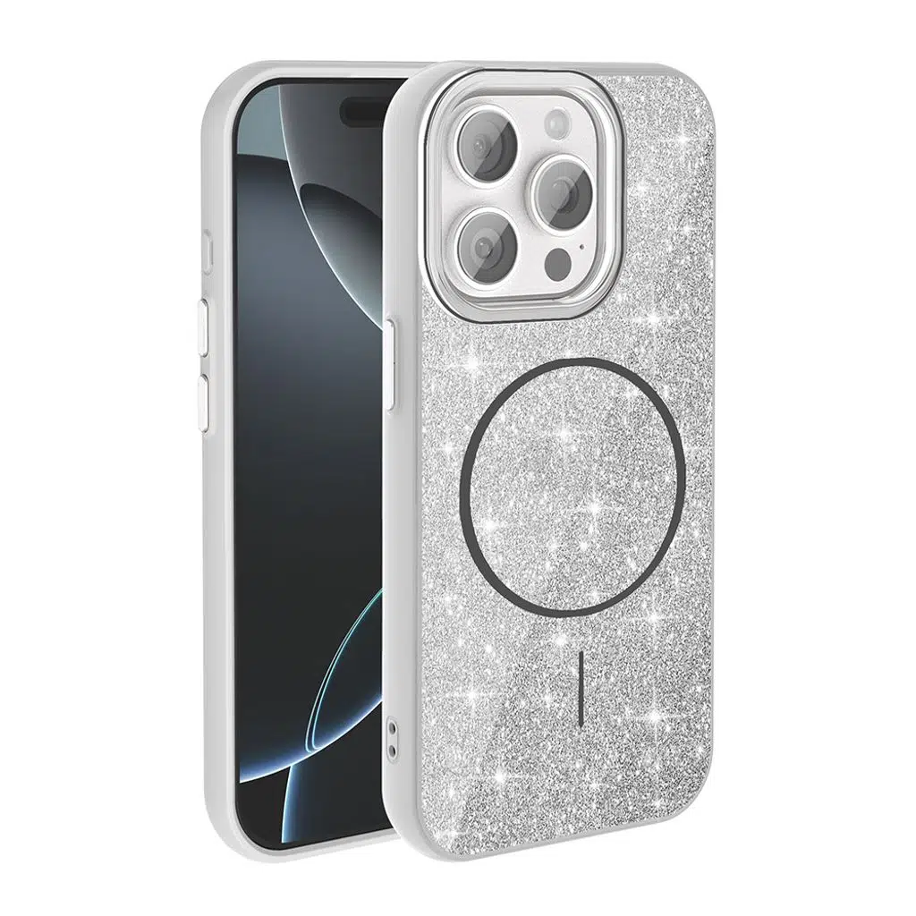 iPhone 15 Pro Kılıf M-safe Şarj Özellikli Parlayan Simli Okso Kapak