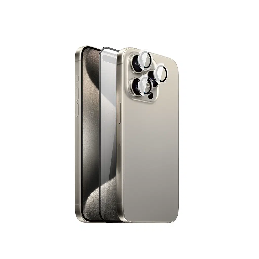 iPhone 15 Pro Lopard Wi-IP002 2in1 Temperli Cam Ahize Toz Önleyici Ekran Koruyucu ve Kamera Lens Koruyucu Set