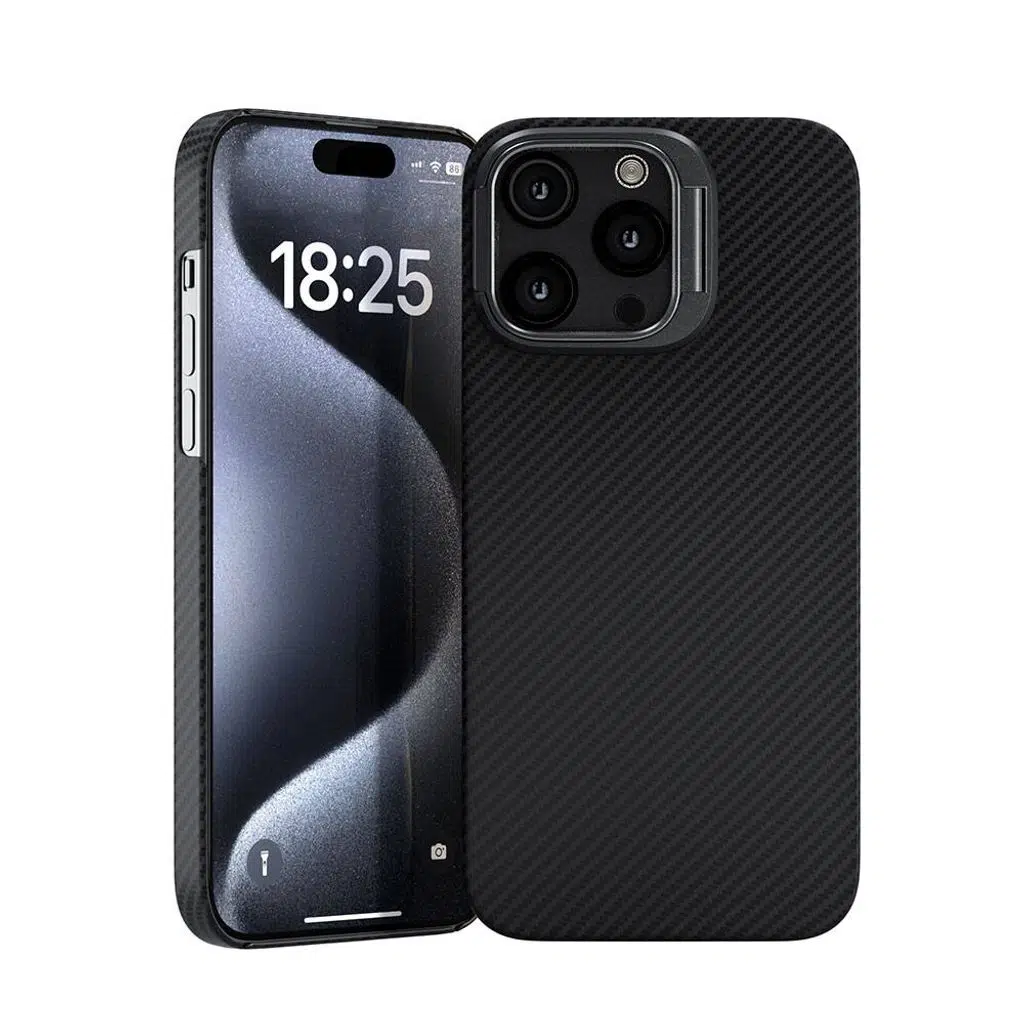 iPhone 15 Pro Max Kılıf M-safe Şarj Özellikli 600D Kevlar Krek Karbon Standlı Kapak