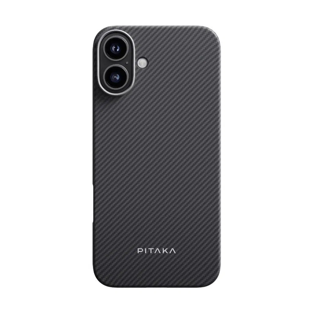 iPhone 16 Plus Kılıf M-safe Şarj Özellikli 600D Aramid Fiber Pitaka Ultra-Slim Classic Serisi Black-Grey Twill Kapak