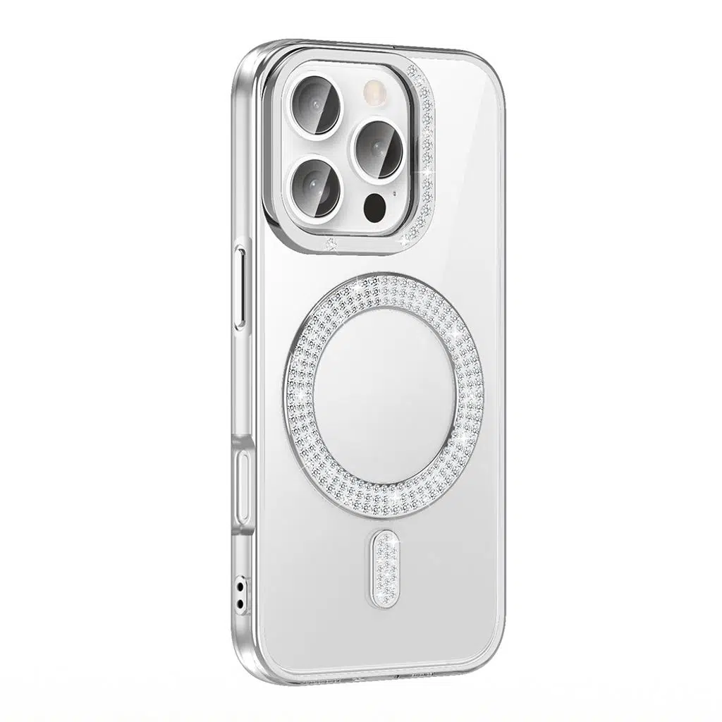 iPhone 16 Pro Kılıf Pırlanta Taş Tasarımlı M-safe Şarj Özellikli Karetta Silikon Kapak