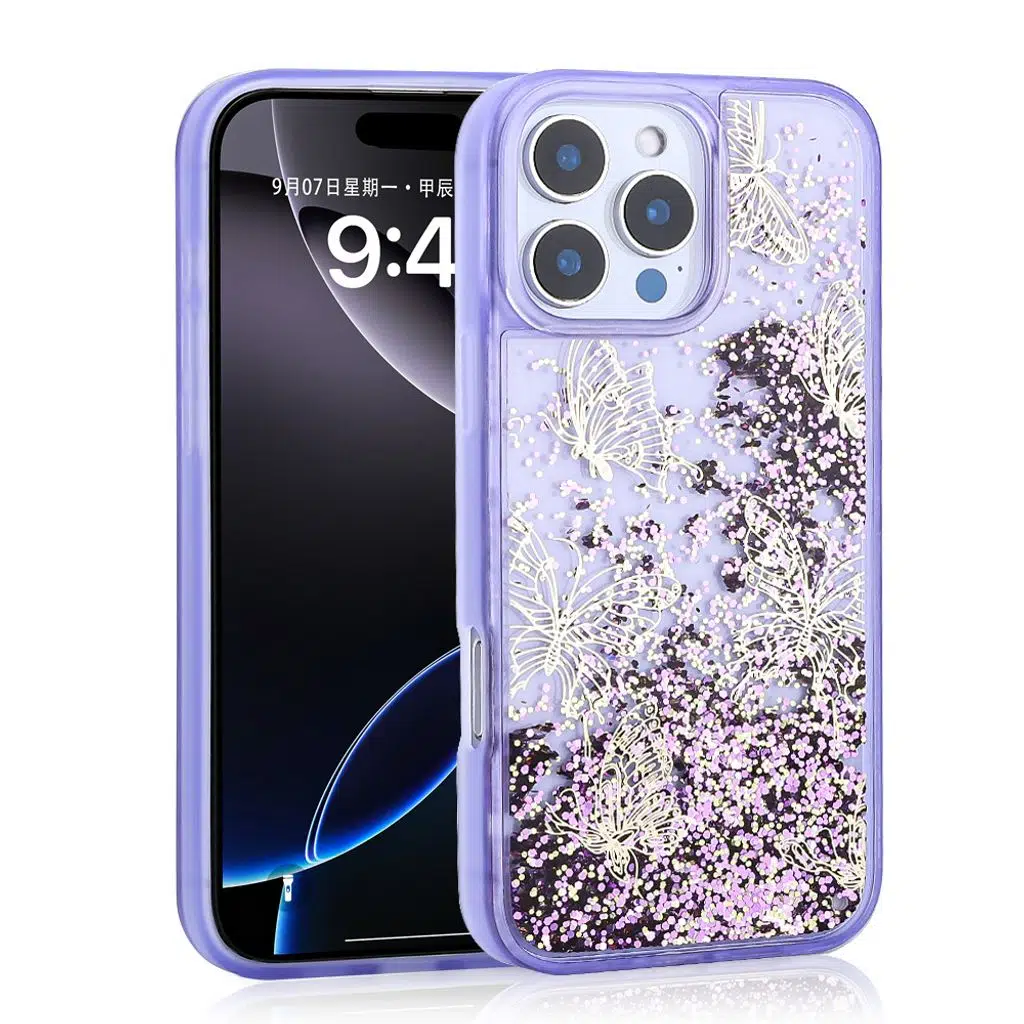 iPhone 16 Pro Kılıf Sıvılı Simli Kelebek Baskılı Şeffaf Arka Yüzey Glis Silikon Kapak