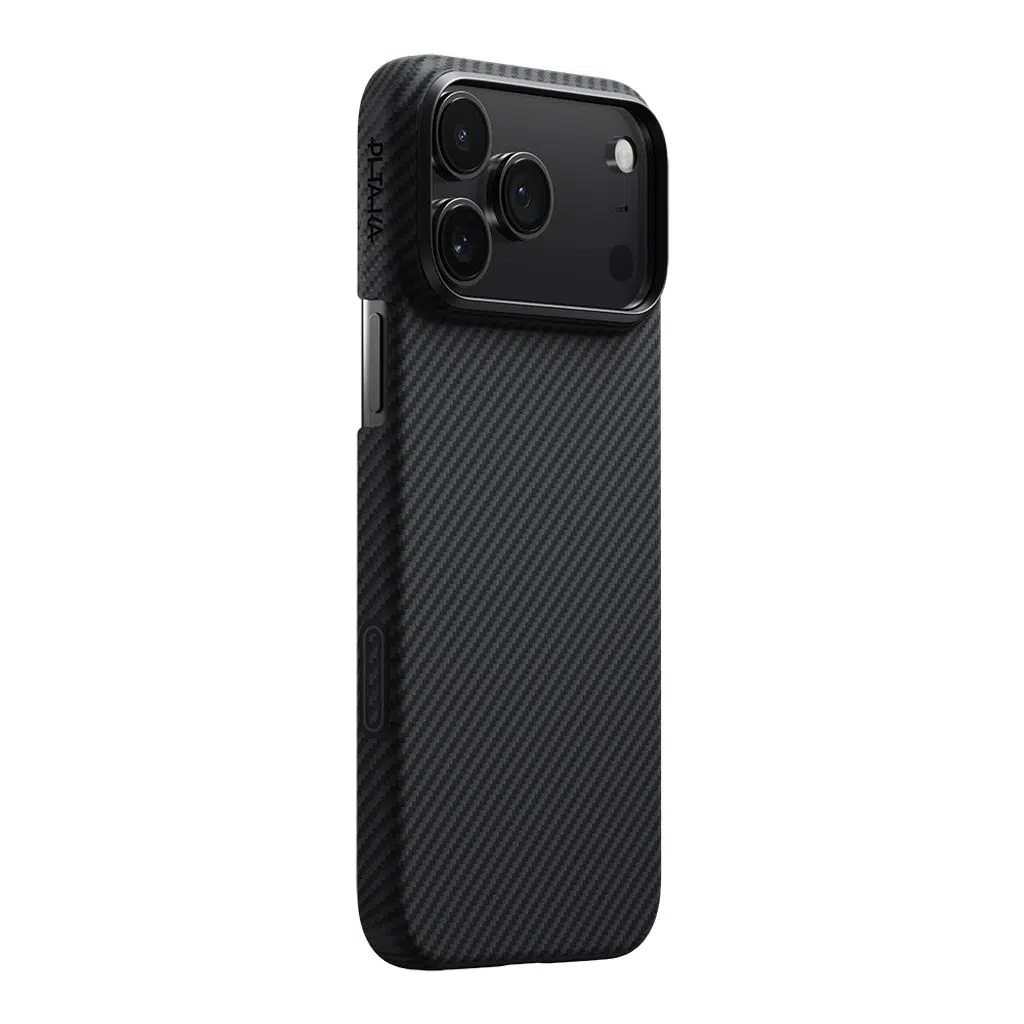 iPhone 17 Pro Max Kılıf M-safe Şarj Özellikli 1500D Aramid Fiber Pitaka Ultra-Slim Classic Serisi Black-Grey Twill Kapak