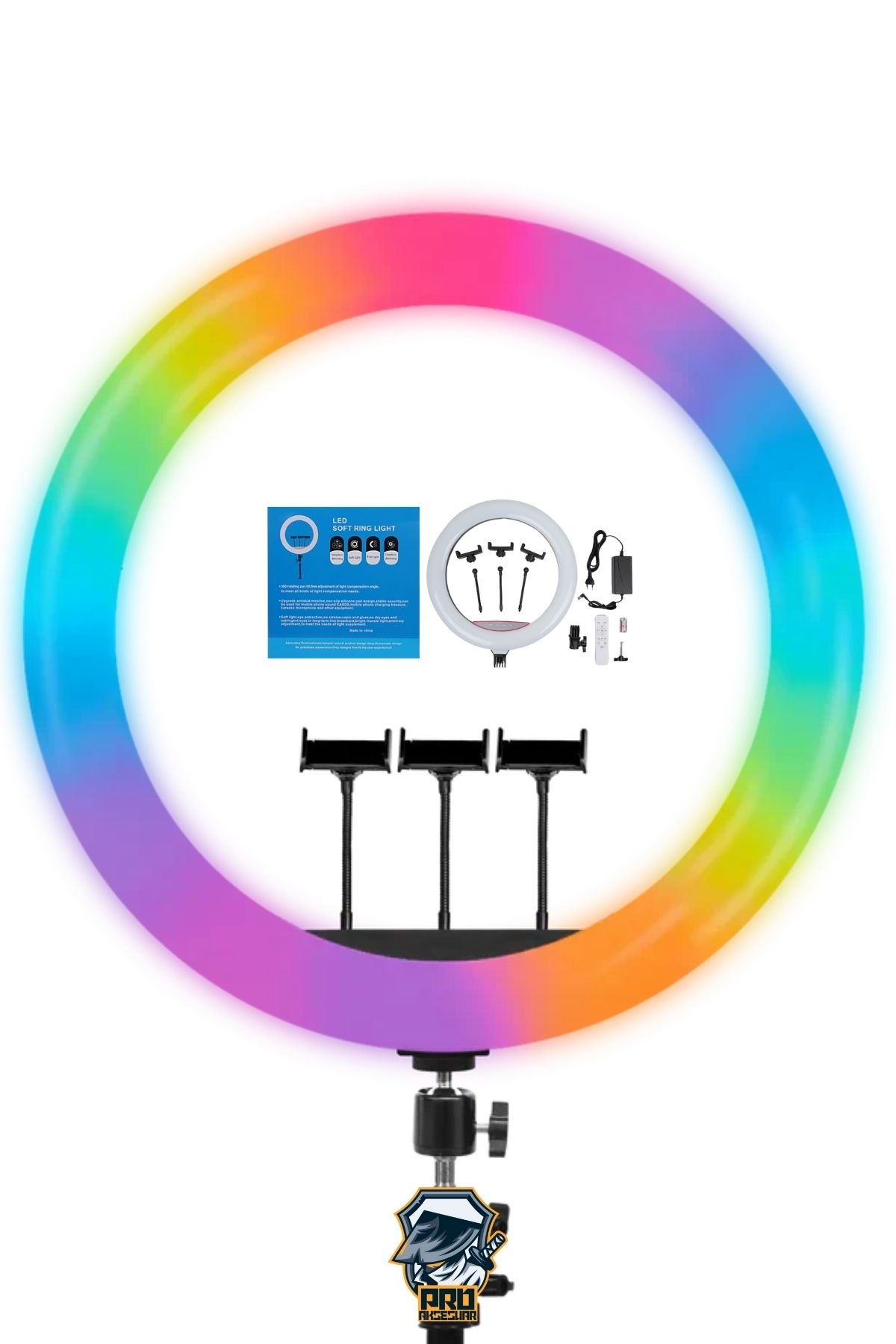 RGB RingLight 56cm Işıklı 3'lü Telefon Tutucu LJJ22 Led Selfie Youtuber Tiktok Işığı Kumandalı