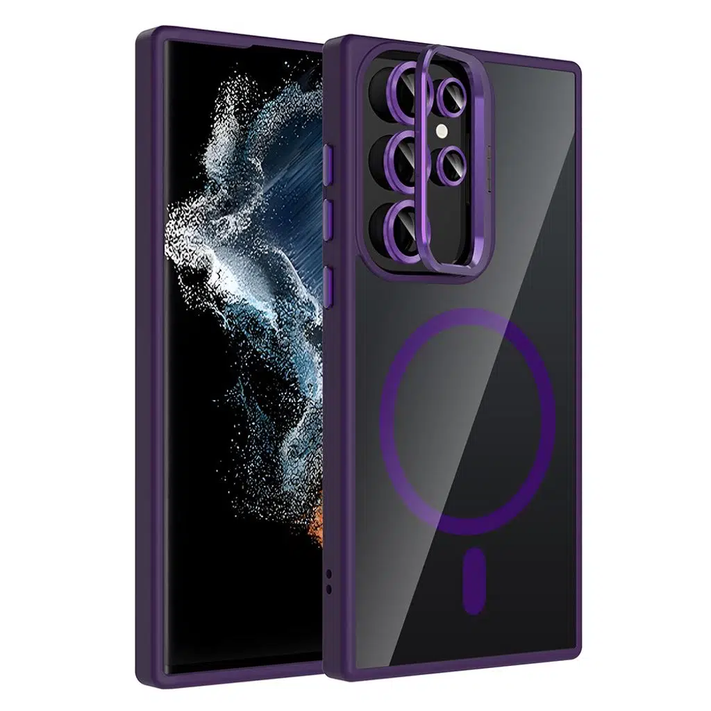 Samsung Galaxy S22 Ultra Kılıf Standlı ve Kamera Lens Hediyeli M-Safe Şarj Özellikli Etro Kapak