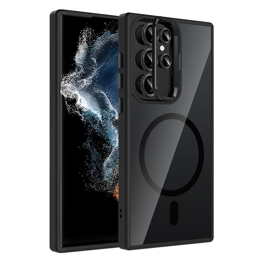 Samsung Galaxy S23 Ultra Kılıf Standlı ve Kamera Lens Hediyeli M-Safe Şarj Özellikli Etro Kapak