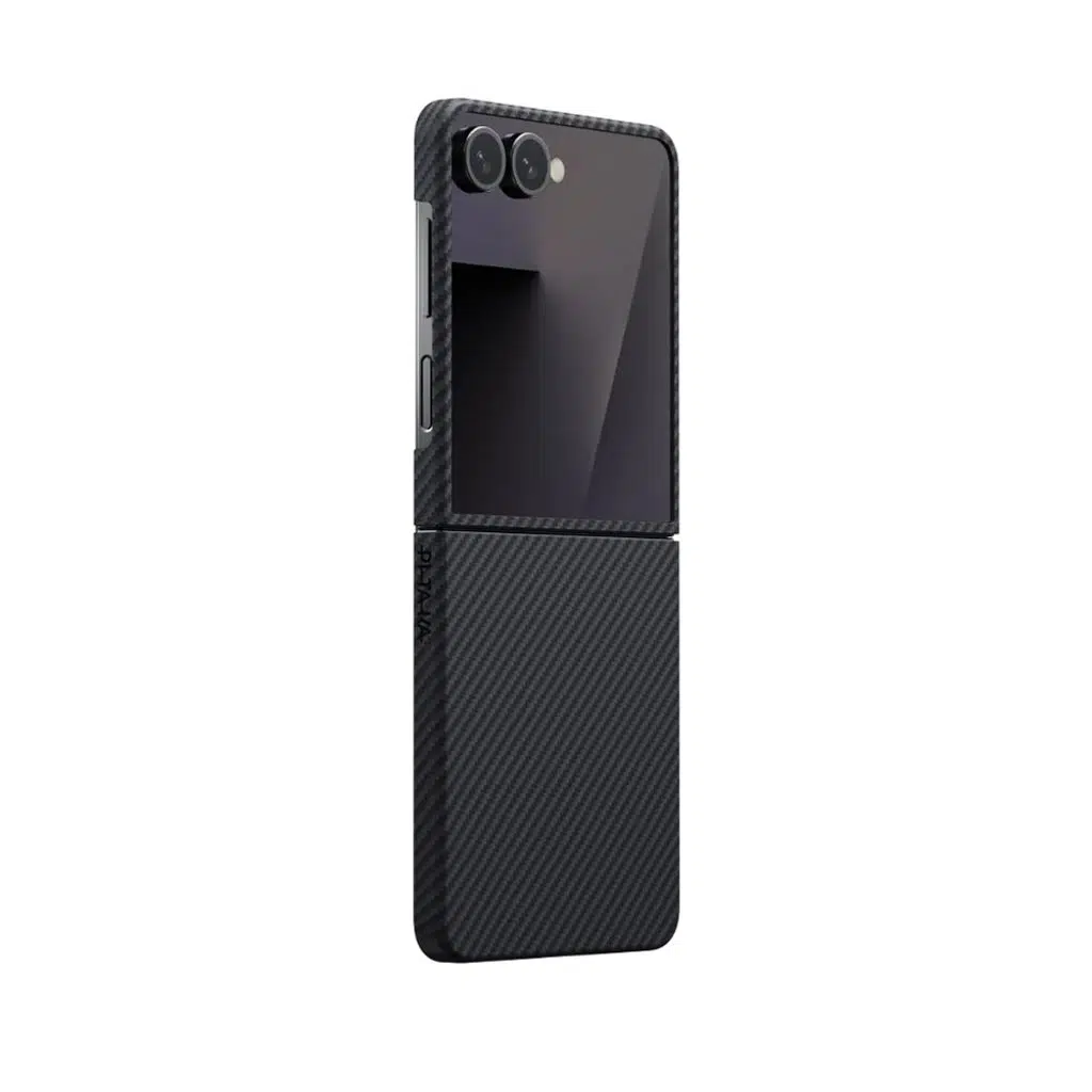 Samsung Galaxy Z Flip 7 Kılıf M-safe Şarj Özellikli 600D Aramid Fiber Pitaka Ultra-Slim Classic Serisi Black-Grey Twill Kapak