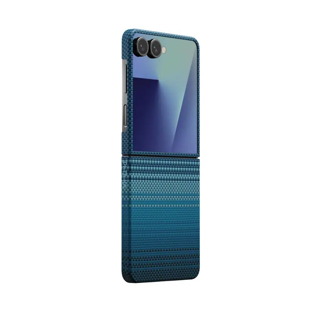 Samsung Galaxy Z Flip 7 Kılıf M-safe Şarj Özellikli Aramid Fiber Pitaka Tactile Woven Sunset-Moonrise Serisi Kapak